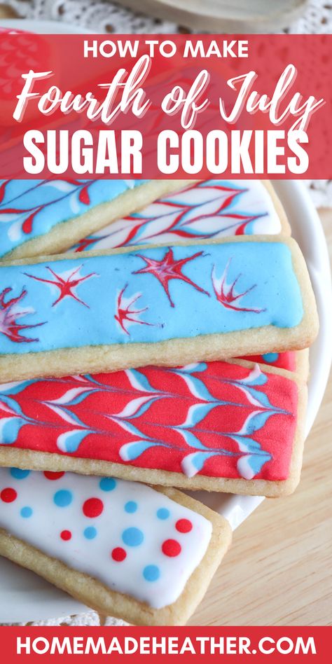 These Fourth of July Sugar Cookies are so fun to make for Independence Day celebrations! Simply decorate them with bright pops of royal icing and embellish with the free printable gift tag below. Fourth Of July Cookies Royal Icing, Patriotic Sugar Cookies Royal Icing, Fourth Of July Sugar Cookies, Sugar Cookie 4th Of July Dessert, 4th Of July Frosted Sugar Cookies, 4th Of July Sugar Cookies Buttercream, Fourth Of July Cookies Buttercream, Sugar Cookie American Flag, Easy Royal Icing Recipe