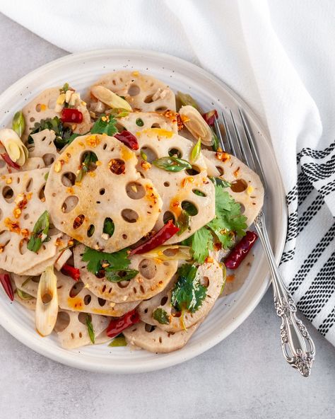 Spicy Lotus Root Salad - Tiffany Angela Lotus Root Recipe Indian, Lotus Root Salad, Lotus Root Recipe, Date Night Food, Autumn Date Night, Root Salad, Dried Red Chili Peppers, Rice Dumplings, Festival Foods