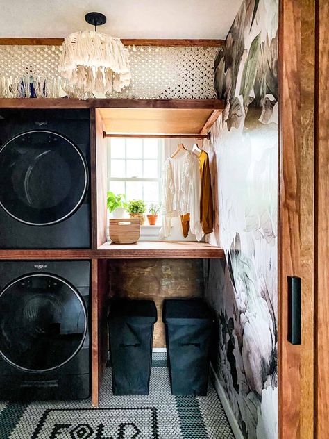 Washer Dryer Laundry Room, Diy Shelving, Stacked Laundry Room, Small Laundry Room Makeover, Stylish Laundry Room, Stackable Washer And Dryer, Laundry Room Renovation, Laundry Room Remodel, Laundry Dryer