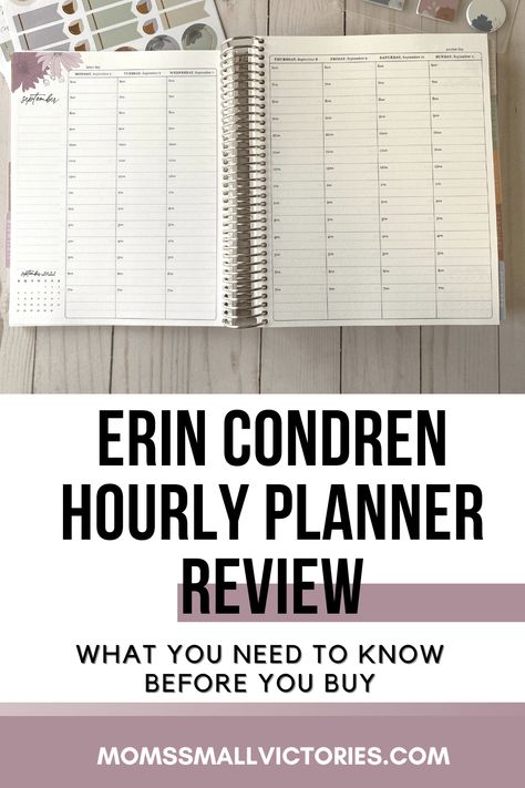 Erin Condren Hourly Planner review: what you need to know before you buy. Picture shows the Erin Condren hourly planner open to a week in September 2022 lying on top of a light wood background with some sticker sheets underneath it in the top. Light Wood Background, Planner Review, Highlighter Set, Hourly Planner, Plum Paper, Yearly Calendar, Pretty Designs, Wood Background, Planner Erin Condren