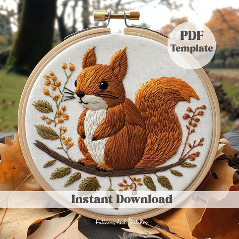 Capture the essence of autumn with this delightful squirrel embroidery pattern! 🍁 Perfect for nature lovers and crafters alike. 🐿️ Instantly downloadable and beginner-friendly. 🌿 Let's create some cozy art! #EmbroideryArt #SquirrelLover #FallCrafts #DIYEmbroidery #NatureInspired Squirrel Embroidery, Squirrel Drawing, Drawing Embroidery, Cozy Art, Embellished Clothing, Easter Embroidery, Animal Embroidery, Frame Wreath, Hand Embroidery Patterns