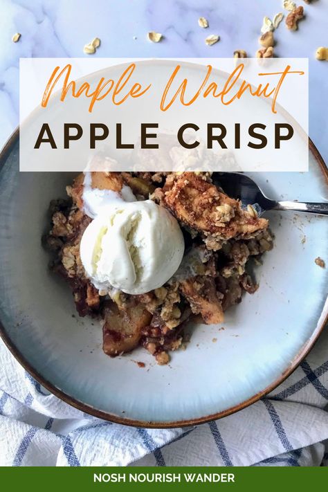 Maple Walnut Apple Crisp combines the delicious flavors of fresh, crisp apples, warm spices, and a crunchy topping of oats and walnuts. It is a great way to enjoy apples in the fall and winter months. I love that this apple crisp has cinnamon, nutmeg, and cloves, adding even more amazing flavor! Enjoying this warm Maple Walnut Apple Crisp with a scoop of vanilla ice cream on top is so satisfying! Omnia Oven, Cinnamon Ice Cream, Camping Desserts, Healty Dinner, Apple Maple, Camp Stove, Honeycrisp Apples, Apple Crisp Recipes, Apple Filling