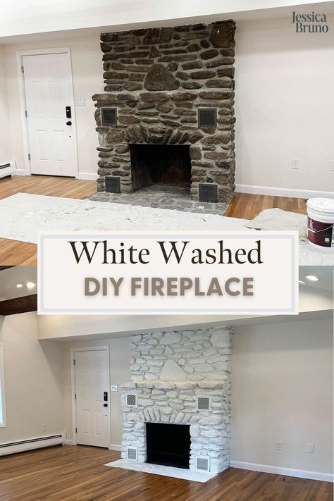 To whitewash an old stone fireplace, start by cleaning the stones with a degreaser. Learn how I mixed the paint with water and applied to the stone to transform this dated 1960s fireplace in a weekend Clean Stone Fireplace, 1960s Fireplace, Old Stone Fireplace, Fireplace On A Budget, How To Whitewash, Paint With Water, Diy Fireplace Makeover, Diy Fireplace, Fireplace Makeover