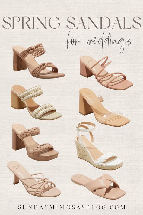 Best Wedding Guest Shoes: Neutral Spring Sandals. Braided sandals, low heels, clear sandals, wedges and more. Fashion and lifestyle blogger, Cassie Majinski, is sharing her must have wedding guest sandals that won’t break the bank. All sandals are under $40 Shoes Wedding Guest Heels, Wedding Guest Sandals, Beach Wedding Shoes Guest, Wedding Guest Heels, Beach Wedding Guest Attire, Shoes Neutral, Bridesmaid Sandals, Beach Wedding Style, Wedding Guest Bags