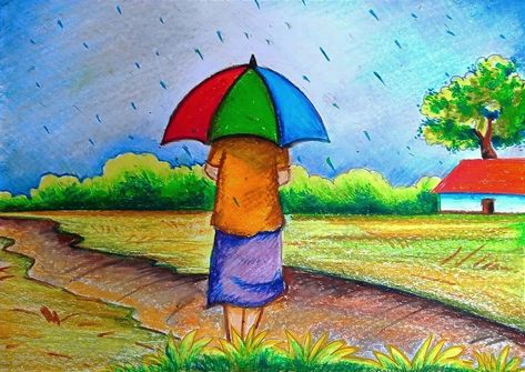 Rainy Day Drawing Oil Pastels, Senary Drawing, Rainy Day Drawing, Super Easy Drawings, Drawing Pictures For Kids, Scenery Drawing For Kids, Easy Scenery, Easy Scenery Drawing, Oil Pastel Drawings Easy