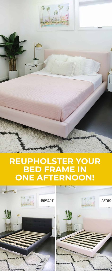 How to reupholster a bed frame #bed #bedframe #bedroom #upholstery Recover Bed Frame, Reupholstering Bed Frame, How To Reupholster A Bed Frame, Reupholster Headboard Ideas, Diy Velvet Bed Frame, Reupholster Bed Headboard, Diy Upholstered Bed Frame And Headboard, How To Reupholster A Headboard, Reupholster Bed Frame