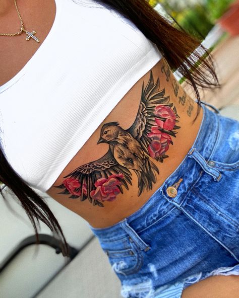 Lower Back And Hip Tattoos For Women, Elegant Stomach Tattoos, Bird Tattoo On Stomach, Center Stomach Tattoos Women, Bird Stomach Tattoo Women, Ladies Stomach Tattoos, Waist Tattoo Ideas Female, Full Stomach Tattoos For Women, Women's Side Tattoos