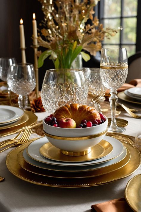 Elevate your Thanksgiving with 25 unique tablescape ideas that set the mood for a festive and elegant holiday meal. Perfect for impressing family and friends. #Tablescape #ThanksgivingDecor #ElegantHoliday Formal Thanksgiving Table, Elegant Thanksgiving Tablescapes, Gold Thanksgiving Table, Thanksgiving Decorations Table Setting, Thanksgiving Table Decor Ideas, Rustic Napkin Rings, Decorations For Table, Elegant Thanksgiving, Personalized Place Cards