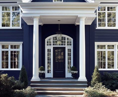 7+ Stylish House Paint Design Outside Ideas in Navy and White • 333+ Inspiring Lifestyle Ideas Navy Blue Siding House, Blue Siding House, Modern Classic Exterior, Navy Blue House, Navy Blue Houses, White Window Trim, House Paint Design, Navy Houses, Modern Classic Home