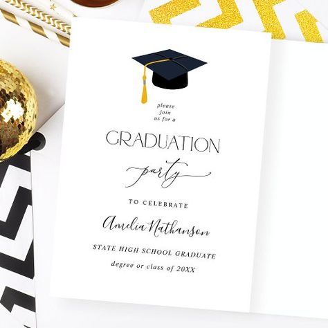 $2.50 | Graduation Hat Graduation Party Invitation #modern, elegant, graduation, party, college high school, simple, minimalist, graduation hat, black and white, formal Graduation Card Ideas, High School Graduation Party Invitations, Graduation Drawing, Classy Invitations, Graduation Invitations High School, Photoshop Flyer, College Party, Graduation Party Invitation, Graduation Hat