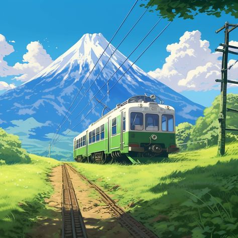 Anime In Train, Train Scene Anime, Studio Ghibli Background Art, Green And Blue Asthetics, Green Anime Scenery, Ghibli Style Background, Ghibli Style Landscape, Studio Ghibli Mountains, Anime Green Background