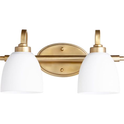 Quorum International Reyes Aged Brass Two-Light 16-Inch Vanity 5060-2-180 | Bellacor Brass Bathroom Lighting, Bathroom Vanity Lights, Brass Vanity Light, Quorum Lighting, Brass Bathroom, Vanity Lights, Light Vanity, Bath Vanity Lighting, Bath Light