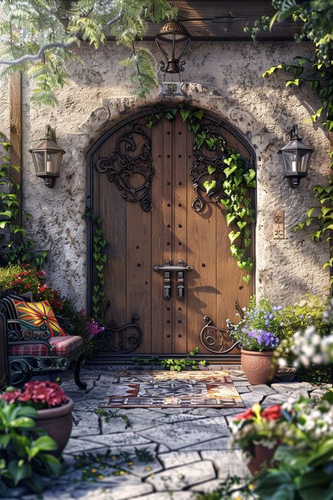 Step Into Enchantment: Discover This Fairy-Tale Doorway's Rustic Charm Cottage Core Door, Castle Entrance, Library Entrance, Fairycore Island Entrance, Magical Doors Portal, Fantasy Castle Garden Aesthetic, Magical Portal Fantasy Entrance, Castle Doors Aesthetic, Hobbit Door