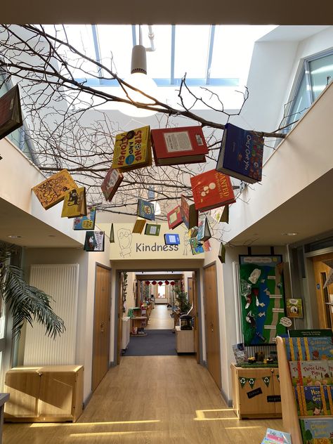 Book Store Window Display, Story Corner Ideas Nursery, Books Hanging From Ceiling, Whimsical Classroom Decor, Reggio Inspired Classrooms Preschool, Natural Classroom Decor, Library Ceiling, School Library Book Displays, Classroom Learning Centers