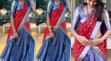 Niharika Konidela’s Festive Look! | Fashionworldhub Pink And Blue Half Saree, Silver Half Saree, Red Combination Saree, Half Saree Blouse Designs, Blue Half Saree, Pattu Lehenga Half Saree, Red Half Saree, Pattu Half Saree, Niharika Konidela