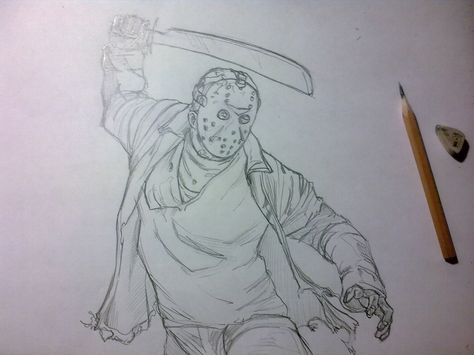 Jason Voorhees Sketch, Jason Drawing Friday The 13th, Cryptid Drawings, Scary Reference, How To Draw Jason, Jason Vs Freddy, Jason Voorhees Drawing, Jason Drawing, 13th Friday