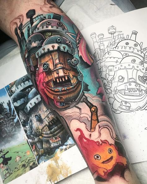 Howl's Moving Castle Tattoo, Tatuaje Studio Ghibli, Ghibli Studios, Medium Tattoos, Studio Ghibli Tattoo, Zelda Tattoo, Castle Tattoo, Ghibli Tattoo, Deer Tattoo