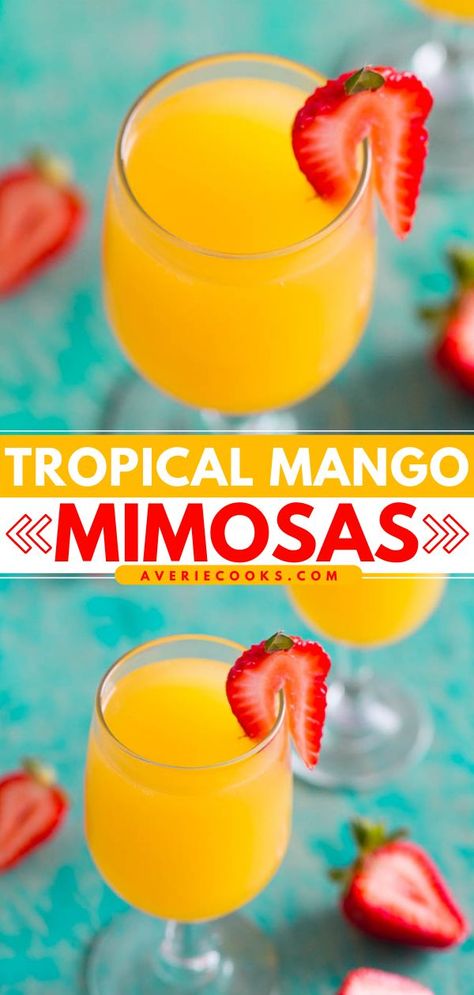 Tropical Mango Mimosas, summer cocktail recipes, alcoholic drinks Mango Mimosa Recipe, Easy Mimosa Recipe, Mimosa Recipe Easy, Mango Mimosa, Easy Mimosa, Classic Mimosa, Mimosa Drink, Mimosa Cocktail, Fun Drinks Alcohol