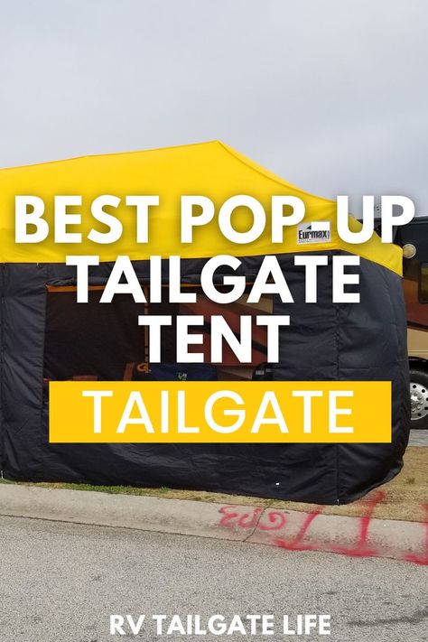 Popup tailgate tent with roof in yellow and side walls in black at a tailgate - Best Pop-up Tailgate Tent review by RV Tailgate Life Car Camping Organization, Tailgate Decorations, Tent Weights, Tailgate Tent, Tailgate Gear, Football Tailgate, Instant Canopy, Canopy Frame, Pop Up Tent