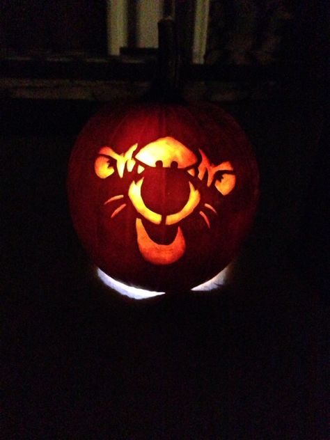 Pumpkin Carving of Tigger from Winnie the Pooh Tigger Pumpkin Carving, Pumpkin Carving Ideas Cute Disney, Easy Pumpkin Carving Ideas Disney, Pooh Pumpkin Carving, Winnie The Pooh Pumpkin Carving, Tiger Pumpkin Carving, Pooh Bear Pumpkin, Pumpkin Carving Disney, Tigger Pumpkin