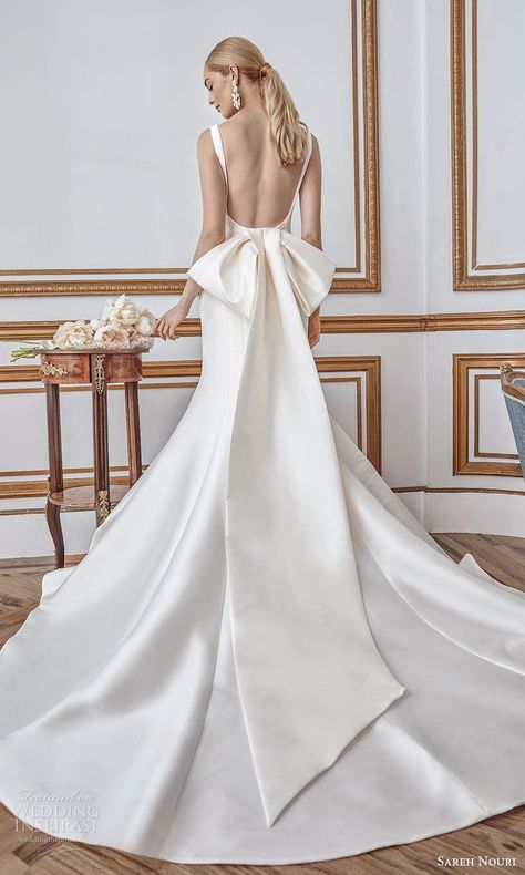 sareh nouri fall 2021 bridal sleeveless thick straps square neckline clean minimalist mermaid wedding dress bow open back chapel train (5) bv Sareh Nouri Wedding Dress, Sareh Nouri Bridal, Mikado Wedding Dress, Wedding Dresses Kleinfeld, Sareh Nouri, Wedding Dress Brands, Flare Wedding Dress, Bow Wedding Dress, Kleinfeld Bridal