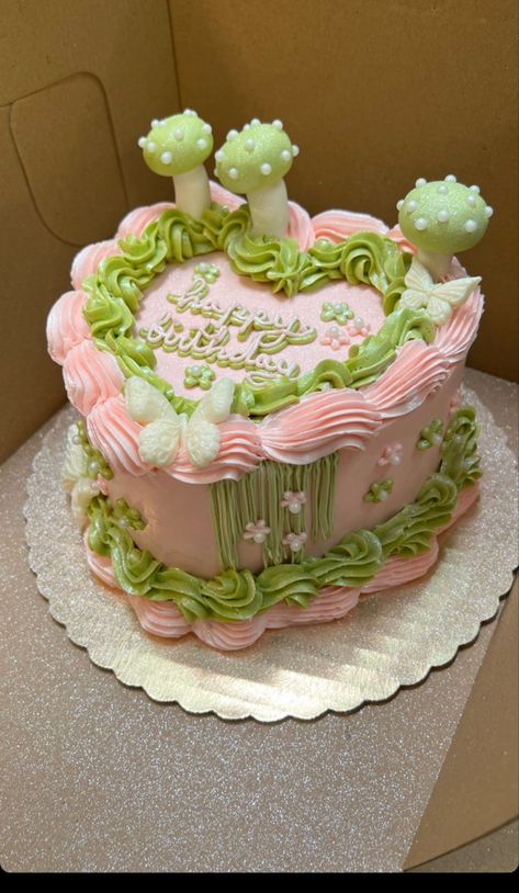 Garden Birthday Cake, Mushroom Cake, Bolo Vintage, Vintage Birthday Cakes, Fantasy Cake, Heart Cakes, Garden Cakes, Fairy Cake, Funny Birthday Cakes