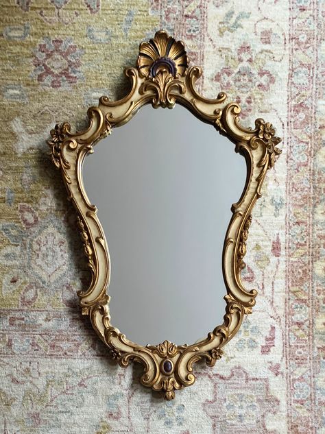 "This antique gold wood beveled mirror features beautiful detail and ornate style. The frame has decorative accents and is in very good vintage condition with light wear...some tiny chipped surface marks and discoloration. Strong and sturdy. The mirror glass is also in very good vintage condition with minor wear...very clean. Hooks and wiring on back for easy hanging. It will make the perfect addition to any room of the house... Approximate measurements: 19.5\" wide x 31\" tall x 2.5\" thick Fro Antique Mirror Frame Wood, Mirror Old Antique, Old Style Mirror, Mirror Vintage Aesthetic, Cottage Core Mirror, Victorian Mirror Frame, Antic Mirror, Bedroom Mirror Decor, Mirror Reference