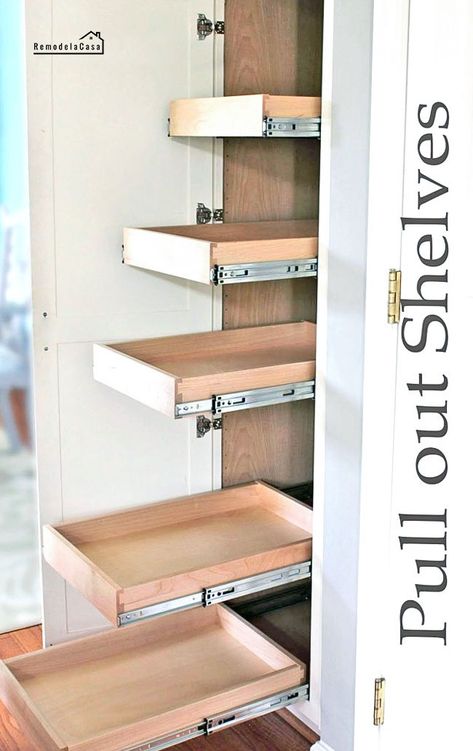 Diy Shelves Design, Pull Out Pantry Shelves, Diy Pantry Shelves, Open Pantry, Cocina Diy, Pantry Drawers, Craft Closet, Diy Regal, Organization Closet