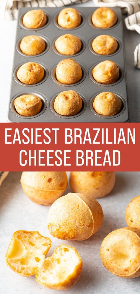 Check out this easy recipe for perfectly crisp on the outside, soft and cheesy on the inside Brazilian Cheese Bread (Pão de Queijo). Brazilian Cheese Bread Recipe, Bread Recipe Video, Brazilian Cheese Bread, Cheese Bread Recipe, Cheese Buns, Bread Muffins, Bread Recipes Sweet, Brazilian Food, Cheese Bread