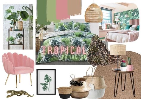 Tropical Boho Bedroom Ideas, Bedroom Ideas Tropical Style, Tropical Rattan Living Room, Tropical Pink Bedroom, Jungle Glam Bedroom, Coastal Tropical Bedroom, Pink And Green Tropical Bedroom, Pink Jungle Bedroom, Girls Tropical Bedroom