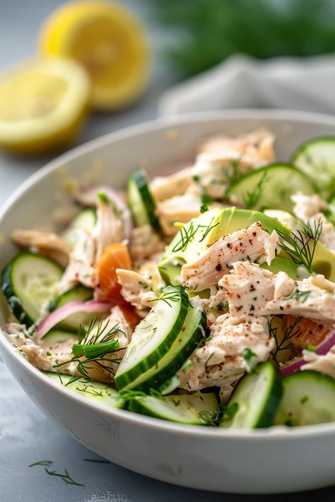 Delicious and Easy Keto Chicken Salad with Avocado and Cucumber Recipe for Beginners #ketodiet #ketorecipes #lowcarb Chicken Salad Recipe Cucumber, Cucumber Chicken Salad, Cucumber Chicken, Chicken Salad With Avocado, Avocado And Cucumber, Recipe Cucumber, Keto Chicken Salad, Recipe For Beginners, Low Glycemic Foods