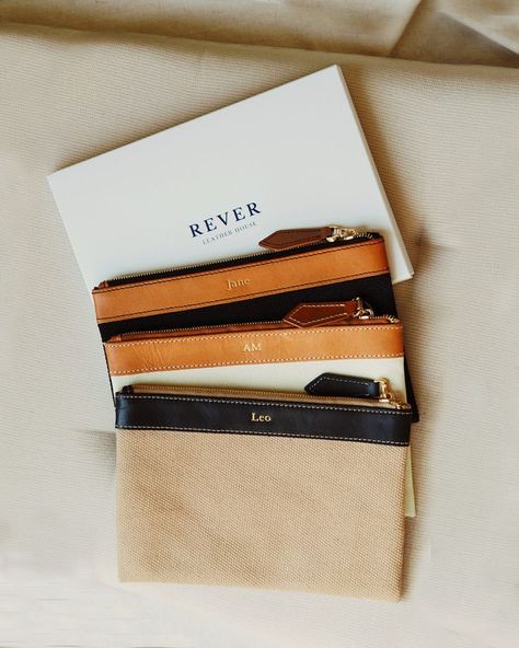 Personalised leather & canvas pouch gift by Rever in three colours. Handcrafted with full grain Italian leathers. Monogramming personalisation available. Personalized Wallets, Handmade Leather Work, Leather Pouches, Personalized Pouch, Canvas Bag Design, Leather Zip Pouch, Diy Leather Projects, Diy Bags Purses, Personalized Wallet