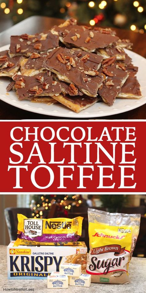 Homemade saltine chocolate toffee. The one thing I request my mom to make every Christmas!! SO GOOD. Saltine Toffee, Cookie Exchange Recipes, New Year's Desserts, Chocolate Toffee, S'mores, Homemade Candies, Cookie Exchange, Decorating On A Budget, Holiday Baking