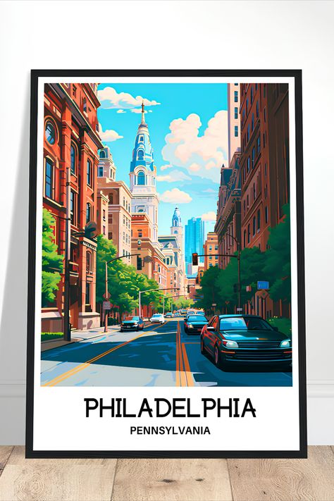 Philadelphia Travel, Philadelphia Poster, Historic Philadelphia, Wall Hanging Art, Brotherly Love, Artistic Style, North America Travel, Iconic Landmarks, America Travel