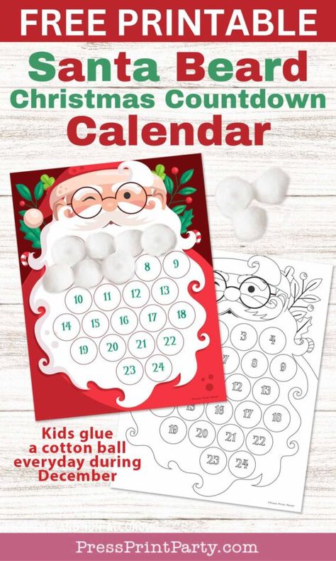 Free Printable Santa Beard Countdown Advent Calendar for Christmas - choose from the full color or coloring versions. This cute Santa beard countdown is a super easy craft that's perfect for young children, and it's guaranteed to bring some extra holiday cheer to your home. Children will glue cotton balls to fill in the beard. They will watch Santa's beard grow longer and longer as we get closer to the big day and build the anticipation of Santa. - Press Print Party! Santa Countdown Printable, Santa Beard Countdown, Santa's Beard Countdown, Countdown For Christmas, Calendar For Christmas, Christmas Party Inspiration, Santa Countdown, Pinterest Christmas, Printable Advent Calendar