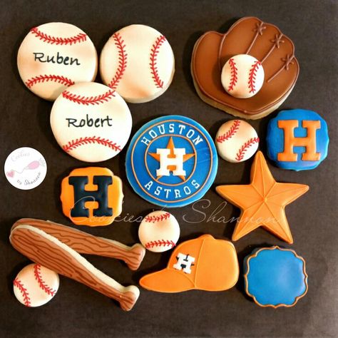 Houston Astro cookies | Cookie Connection Houston Astros Cookies, Astros Baby Shower Theme, Astros Cookies, Houston Astros Birthday Party, Astros Birthday Party, Astros Party, Baby Shower Cookies Neutral, Grooms Cake Tables, Baseball Cakes