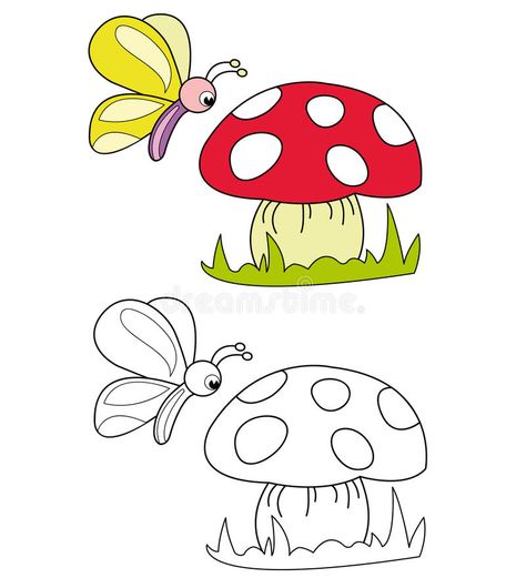 Butterfly And Mushroom, Mushroom Stock, Free Kids Coloring Pages, Drawing Lessons For Kids, Easy Cartoon Drawings, Kids Illustration, Easy Drawings For Kids, Basic Drawing, Pola Sulam