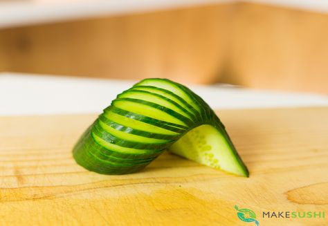 The simplest, yet most stunning garnish I have made, the Cucumber Wave :)  see tutorial here: Sushi Recipe Video, Cucumber Garnish, Cucumber Flower, Sushi Cake, Sushi Love, Farmers Market Recipes, 2024 Recipes, Kids Dishes, Bake Goods