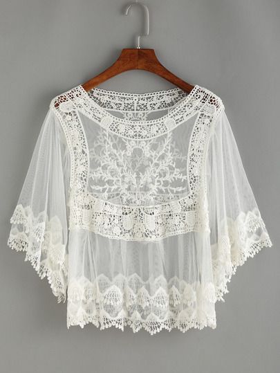 ~ Crochet Inset Mesh Cover-UP Blouse ~ us.shein.com White Crochet Blouse, White Collared Blouse, Three Quarter Sleeve Blouses, Crochet Lace Blouse, White Crochet Top, Sheer White Blouse, Sheer Floral Blouse, White Blouses, Crochet Dresses