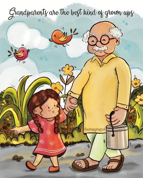 Indian Grandparents, Grandpa Drawing, Grandparents Day Crafts, Childhood Memories Art, Grand Parents, Indian Illustration, Miss Him, Sanya, Watercolor Paintings Tutorials