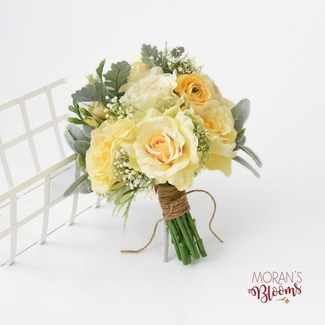 Bridal Bouquet Yellow, Top Wedding Colors, Yellow Bridal Bouquets, Yellow Ranunculus, Silk Flower Bridal Bouquet, Wedding Flower Guide, Roses Yellow, Cascading Bridal Bouquets, Silk Bridal Bouquet