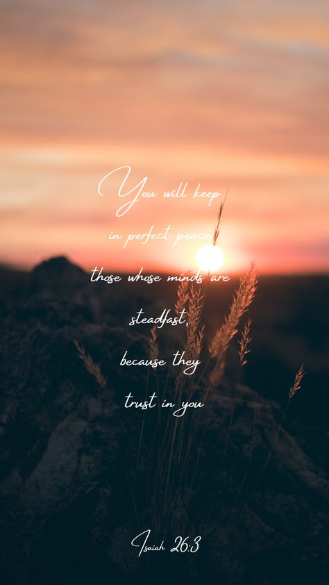 Wheat-like plant with a backdrop of rocks at sunset. Texts reads You will keep in perfect peace those whose minds are steadfast, because they trust in you. Isaiah chapter 26, verse 3. Scripture Wallpaper, Isaiah 26, Gospel Quotes, Verse Wallpaper, Perfect Peace, 4 Wallpaper, Verses Wallpaper, Bible Devotions, Faith Prayer