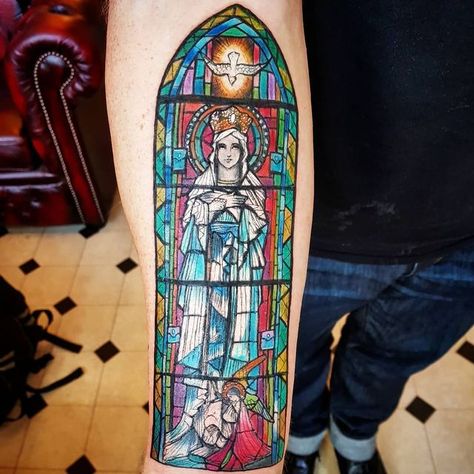 Stainglass Tattoo Ideas, Stained Glass Tattoo Sleeve, Stained Glass Tattoo Ideas, Church Window Tattoo, Stain Glass Tattoo, Stained Glass Window Tattoo, Moms Tattoo, Church Tattoo, Saint Tattoo