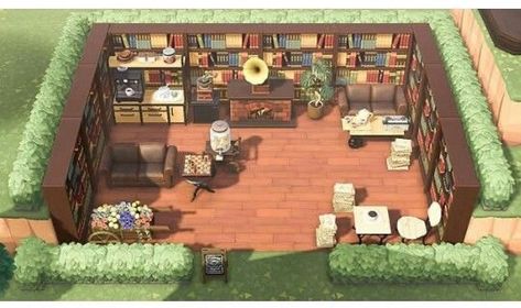 Acnh Island Library, Animal Crossing Outdoor Library Ideas, Library Design Anch, Animal Crossing Cliff Design, Acnh Sunken Library, Acnh Book Store Design, Acnh Outside Library, Acnh Island Neighborhood, Animal Crossing Library Ideas