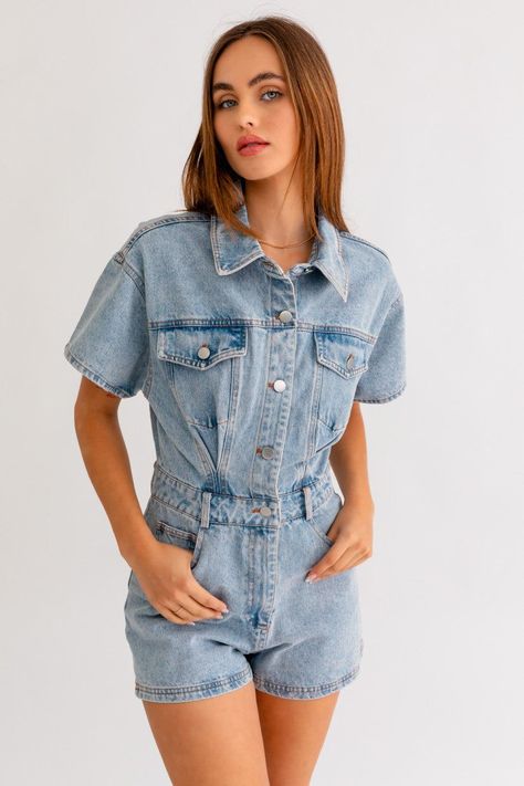 Millie Denim Romper - M Denim Fits, Short Sleeve Denim, Senior Style, Romper Designs, Stretch Denim Fabric, Denim Romper, Light Denim, Style Guide, Denim Fabric