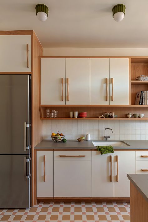 Checker Tile, Galley Kitchen Cabinets, Retro Cabinets, Galley Kitchen Renovation, Kitchen Galley, Small Galley Kitchen, Yellow Dining Room, Retro Cabinet, Galley Kitchens