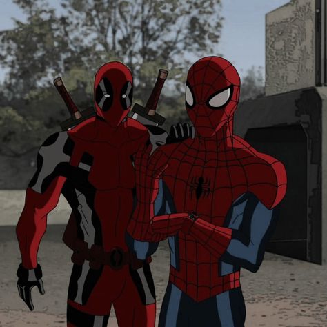 Matching Pfps Friends Funny, Spider Man X Deadpool, Spiderman And Deadpool, Kazuha Genshin, Superhero Artwork, Deadpool X Spiderman, Superhero Cartoon, Ultimate Spider Man, Deadpool And Spiderman