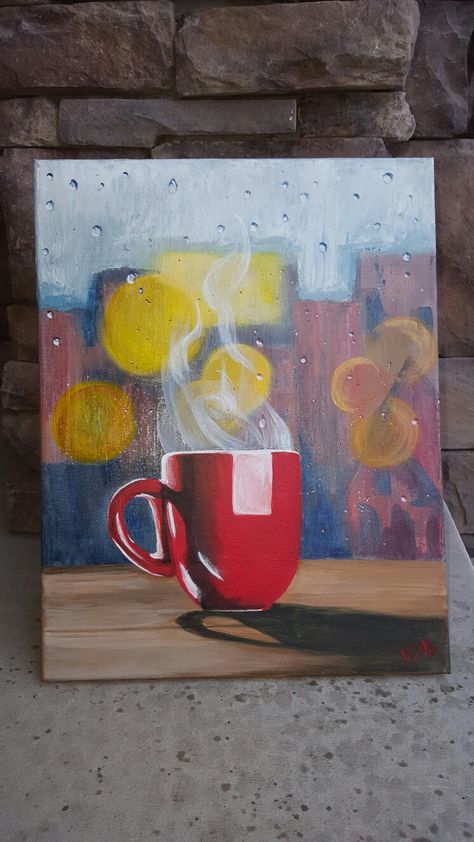 Acrylic on canvas. Red Mug Rainy Days Red Mug, Scenery Paintings, Easy Canvas Art, Rainy Days, Paint Party, Rainy Day, Acrylic Painting, Canvas Art, Canvas