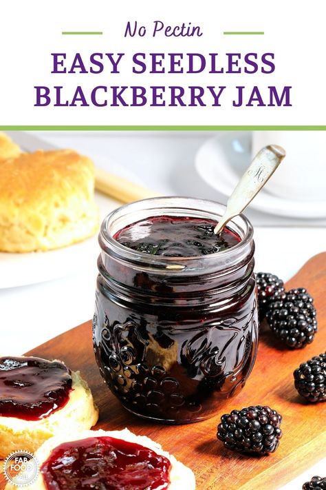 Easy Seedless Blackberry Jam (aka Seedless Bramble Jam) is a delicious small batch jam made with just 3 ingredients: blackberries, granulated sugar, freshly squeezed lemon juice and no pectin. This intensely fruity jam has a delicious tang from the lemon juice which complements it beautifully. A quick and easy jam for using up a small amount of foraged blackberries. Bramble Jam, Small Batch Jam, Seedless Blackberry Jam, Blackberry Juice, Small Jam Jars, Scotch Pancakes, Blackberry Jam Recipes, Canning Jam Recipes, Easy Jam