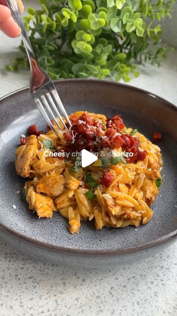 Half Baked Chicken Orzo, Creamy Orzo With Crispy Chicken Sausage, Chorizo Orzo, Orzo Chicken Sun Dried Tomatoes, Chicken And Chorizo Orzo, Creamy Chicken And Chorizo Orzo, Cheesy Orzo, Chicken Chorizo, Cheesy Chicken